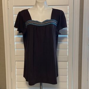 Perseption Dark Brown Blouse with Blue Embroidery